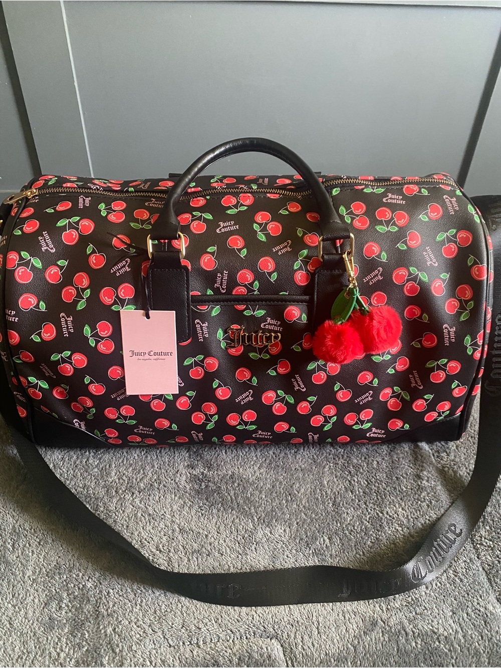 Juicy Couture Black Cherry Print Weekender Bag with Red Pom
